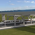 Concrete Bridge with Arched Supports and High Speed Train Under Blue Sky and Green Grass