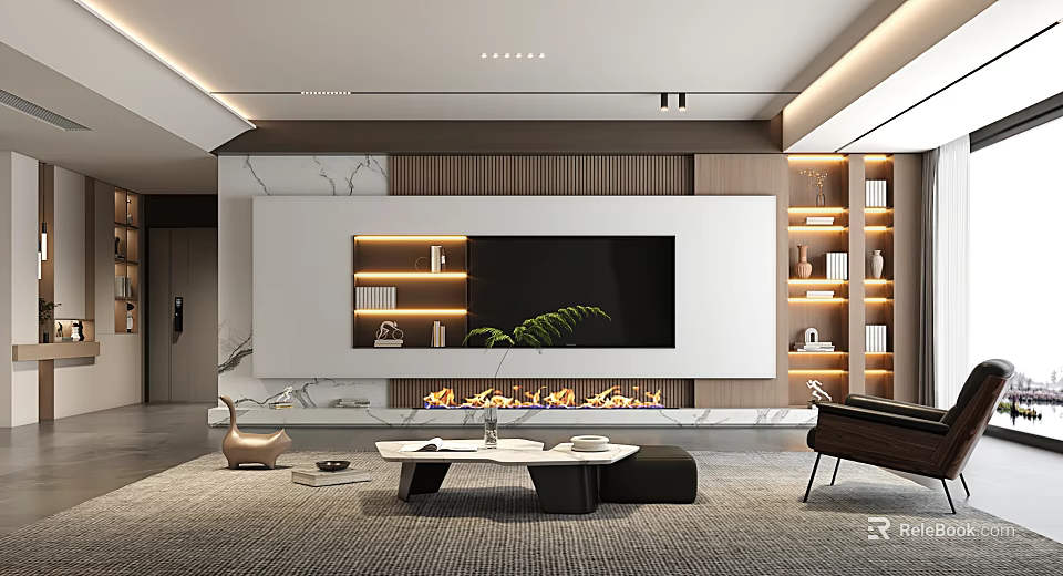 Modern Living Room Interior Featuring TV Wall Marble Fireplace Wooden Accents Bookshelves And Green Plant 3d model 