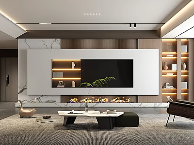 Modern Living Room Interior Featuring TV Wall Marble Fireplace Wooden Accents Bookshelves And Green Plant 3d model