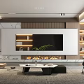 Modern Living Room Interior Featuring TV Wall Marble Fireplace Wooden Accents Bookshelves And Green Plant