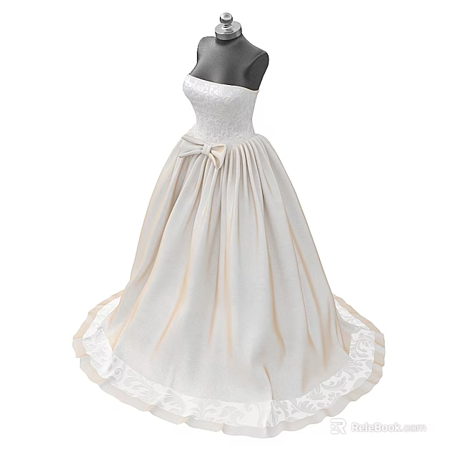 Elegant Strapless Wedding Dress With Lace Details Flowy Skirt And Bow Belt 3d model 