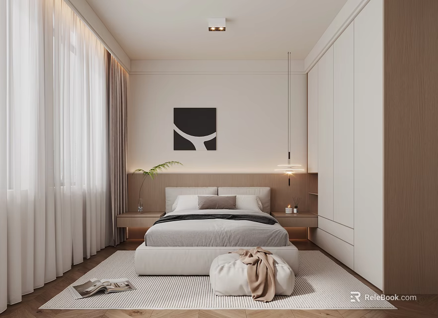Modern Minimalist Bedroom Interior With Bedside Tables Hanging Lamp Wardrobe And Wall Art 3d model 