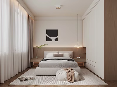Modern Minimalist Bedroom Interior With Bedside Tables Hanging Lamp Wardrobe And Wall Art 3d model