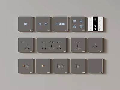 Grey Wall Switch Sockets With Different Types And Smart Display Design 3d model