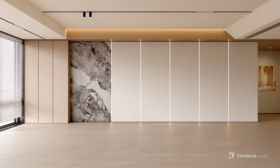 Modern Living Room Interior With Wooden Paneling Marble Wall Art And LED Strip Lights 3d model 