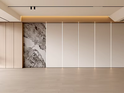 Modern Living Room Interior With Wooden Paneling Marble Wall Art And LED Strip Lights 3d model