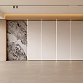Modern Living Room Interior With Wooden Paneling Marble Wall Art And LED Strip Lights