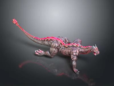 Detailed Mythical Dragon Creature 3D Model With Red Tail And Scaled Body In Crawling Stance 3d model