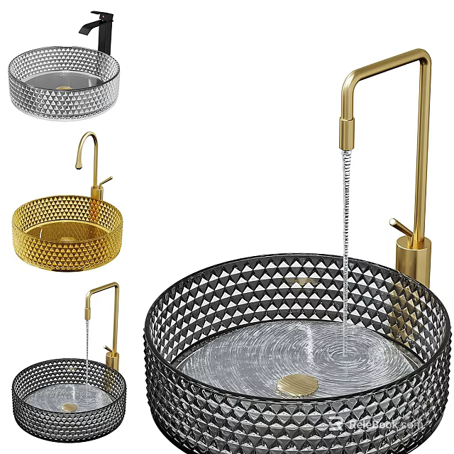 Elegant Glass Washbasin With Diamond Pattern And Golden Faucet Water Flow 3d model 