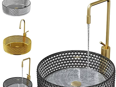 Elegant Glass Washbasin With Diamond Pattern And Golden Faucet Water Flow 3d model