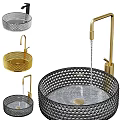 Elegant Glass Washbasin With Diamond Pattern And Golden Faucet Water Flow
