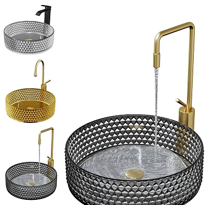 Elegant Glass Washbasin With Diamond Pattern And Golden Faucet Water Flow 3d model