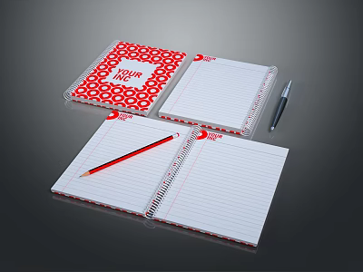 Red Patterned Spiral Notebook With Open Lined Pages And Writing Pen On Dark Surface 3d model