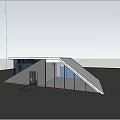 Modern Sloped Roof Building With Glass Walls And Person At Entrance On Open Ground