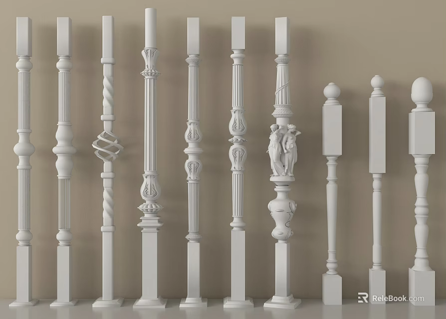 White Decorative Balusters With Intricate Carvings And Various Designs For Railings 3d model 