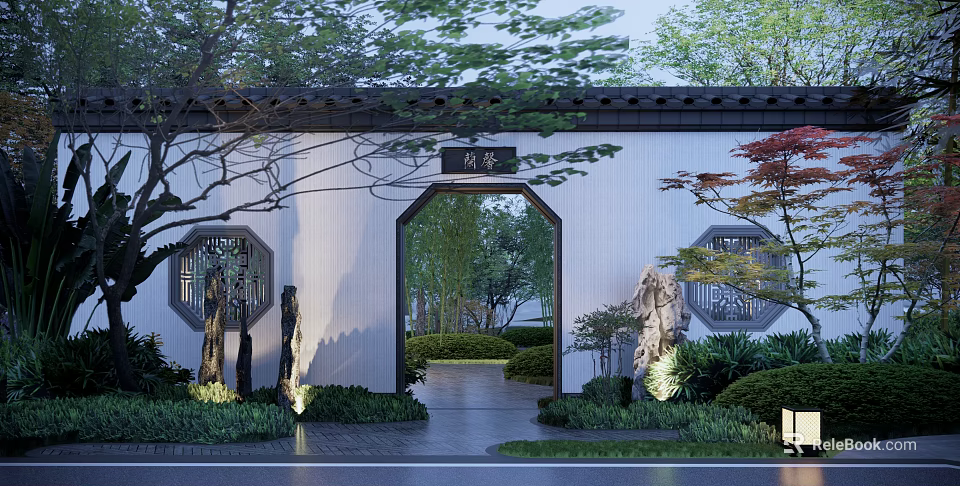 Chinese Style Building Exterior Wall With Arched Doorway Circular Windows Green Plants And Stone Decorations 3d model 