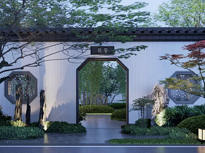 Chinese Style Building Exterior Wall With Arched Doorway Circular Windows Green Plants And Stone Decorations 3d model