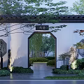 Chinese Style Building Exterior Wall With Arched Doorway Circular Windows Green Plants And Stone Decorations