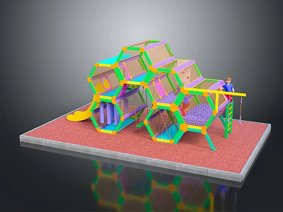 Colorful Hexagon Playground Structure With Slide Climbing Net And Red Base For Kids 3d model