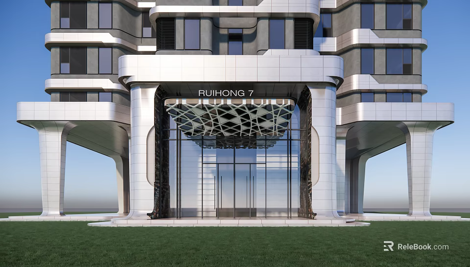 Modern Architecture Entrance Gate with Glass Doors RUIHONG 7 Signage and Marble Columns 3d model 