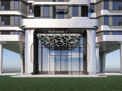Modern Architecture Entrance Gate with Glass Doors RUIHONG 7 Signage and Marble Columns 3d model