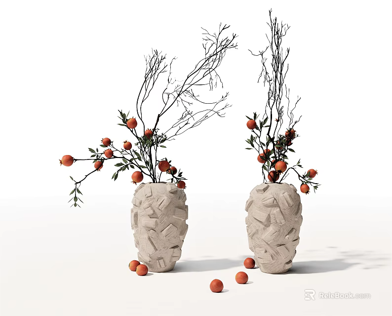 Textured Vases With Red Fruits And Twigs Scattered Fruits Around On White Background 3d model 