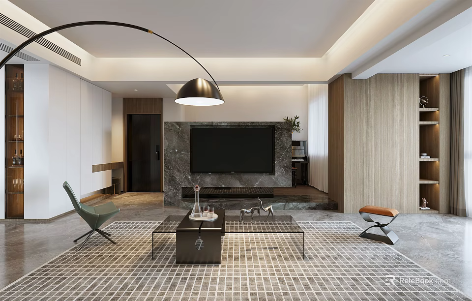 Modern Living Room Interior With TV Wall Floor Lamp Coffee Table Chairs And Tiled Floor 3d model 
