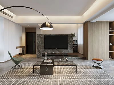 Modern Living Room Interior With TV Wall Floor Lamp Coffee Table Chairs And Tiled Floor 3d model