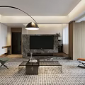 Modern Living Room Interior With TV Wall Floor Lamp Coffee Table Chairs And Tiled Floor