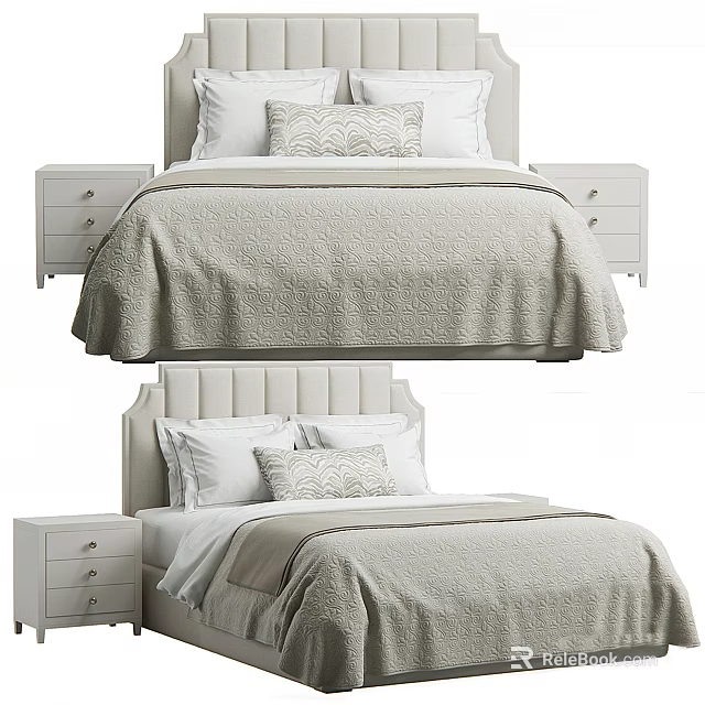 Modern Double Bed With Upholstered Headboard Textured Comforter And White Nightstands 3d model