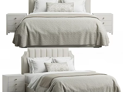 Modern Double Bed With Upholstered Headboard Textured Comforter And White Nightstands 3d model