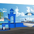 Summer Moon Seaside Scene With White Umbrellas Palm Tree Blue Building Chairs And Boat