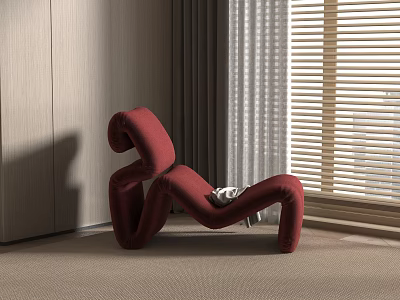 Red Modern Lounge Chair In Interior With Window Blinds And Curtains 3d model