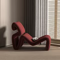 Red Modern Lounge Chair In Interior With Window Blinds And Curtains