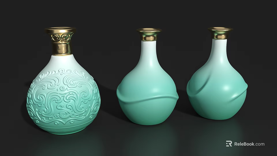 Decorative Teal Household Bottles With Golden Lids And Intricate Smooth Designs 3d model 