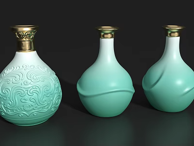 Decorative Teal Household Bottles With Golden Lids And Intricate Smooth Designs 3d model