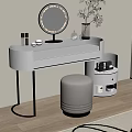 Elegant Modern Vanity Table With Round Mirror Gold Legs Grey Stool And Beauty Products