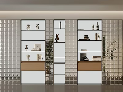 Modern Interior Glass Partition Shelving Unit with Decorative Figurines Books and Potted Plant 3d model