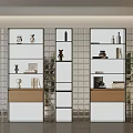 Modern Interior Glass Partition Shelving Unit with Decorative Figurines Books and Potted Plant