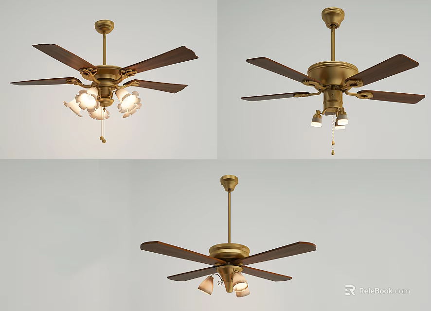 Brass Ceiling Fan With Wooden Blades And Light Fixtures For Home 3d model 