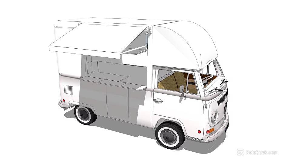 Functional Food Truck In White Vintage Style With Open Canopy 3d model 
