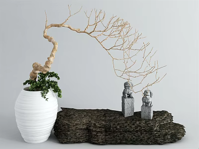 Garden Ornament With White Vase Bare Branches Green Plants And Stone Lions On Dark Base 3d model
