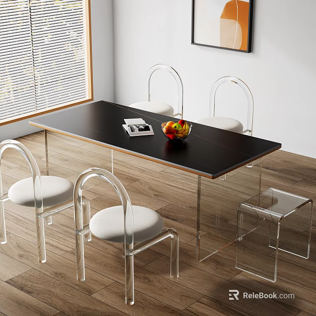 Modern Black Rectangular Dining Table Set With Transparent White Padded Chairs And Fruit Bowl Magazine 3d model