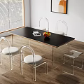 Modern Black Rectangular Dining Table Set With Transparent White Padded Chairs And Fruit Bowl Magazine 3d model