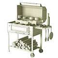 Outdoor Black Grill with Burgers Sausages and Bread Wine Bottle Firewood and Cooking Utensils