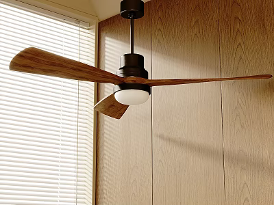 Modern Ceiling Fan with Wooden Blades and White Light on Wooden Wall with Window Blinds 3d model