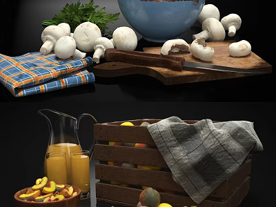 Fresh Mushrooms Peaches Orange Juice With Wooden Crate Cutting Board And Cloth 3d model