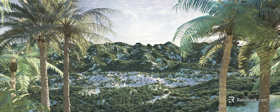 Scenic Mountain Landscape With Palm Trees Lush Greenery And Village Below 3d model 
