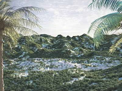 Scenic Mountain Landscape With Palm Trees Lush Greenery And Village Below 3d model