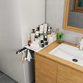 Stylish Bathroom Vanity With Wooden Countertop Toiletries Small Potted Plant And Wooden Framed Mirror